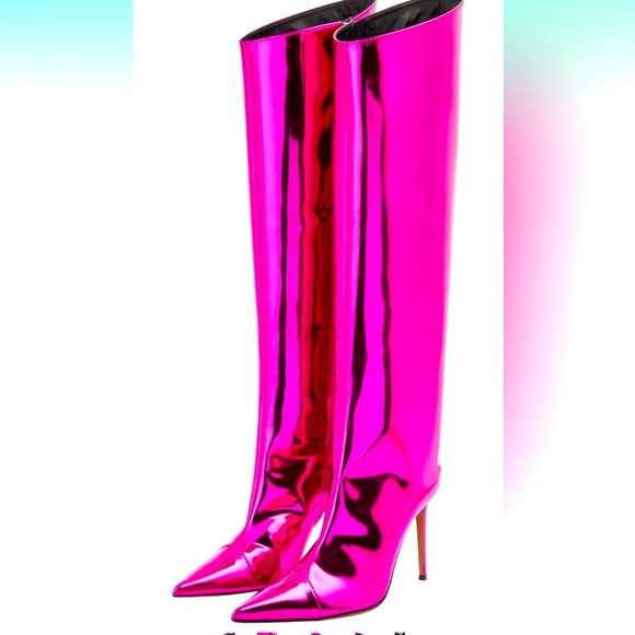 Shoes - Pink Metallic Boots for Women Pointed Toe Stiletto High Heel Knee High Boots